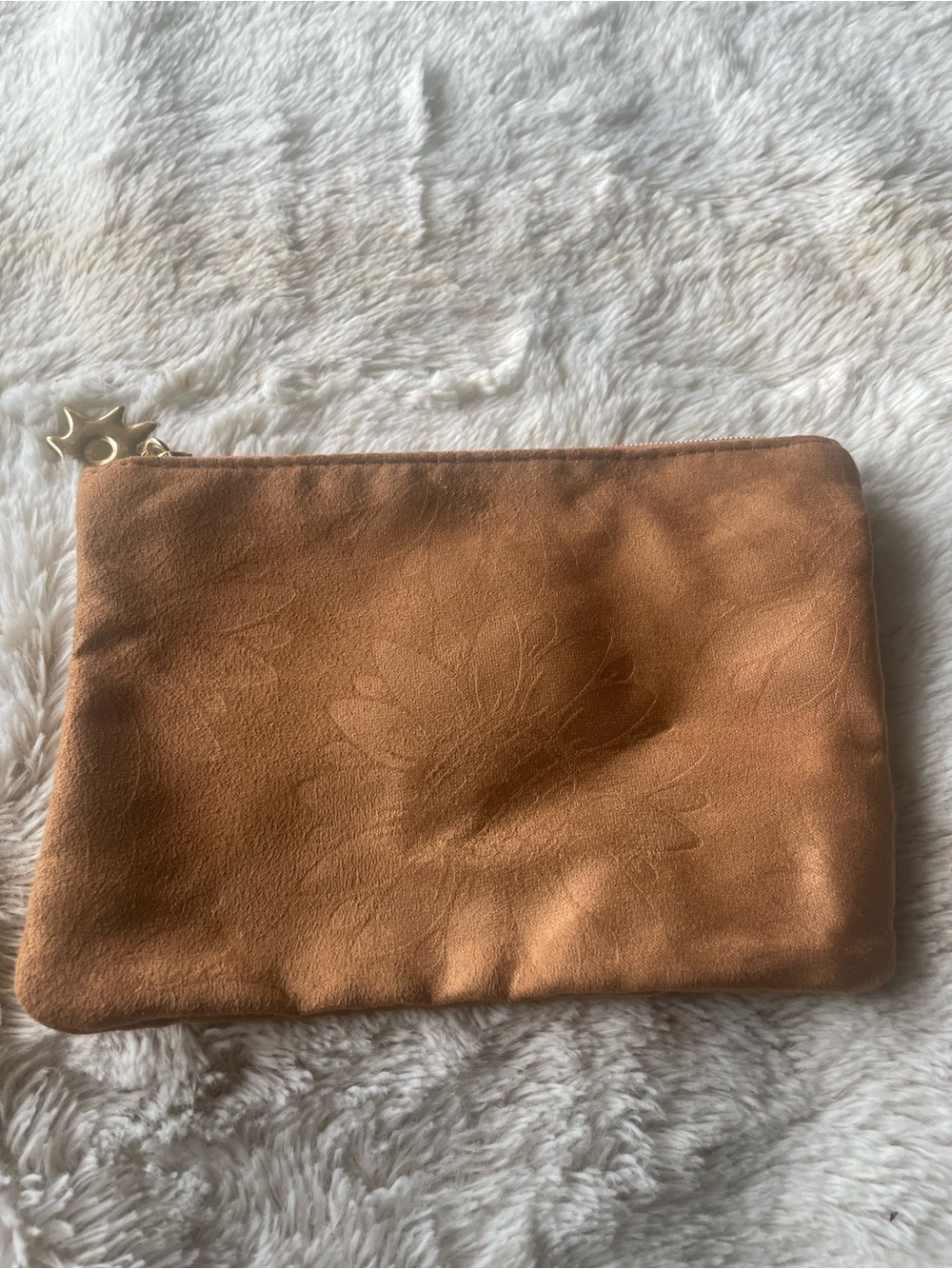 Women's Tan Suede like Zip Pouch Clutch makeup bag
